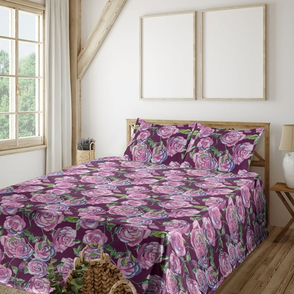 Ambesonne Watercolor Floral Fitted & Flat Sheet with Shams 4 Pcs Set, Spring Rose Bloom, Queen, Lilac Fern Green Purple