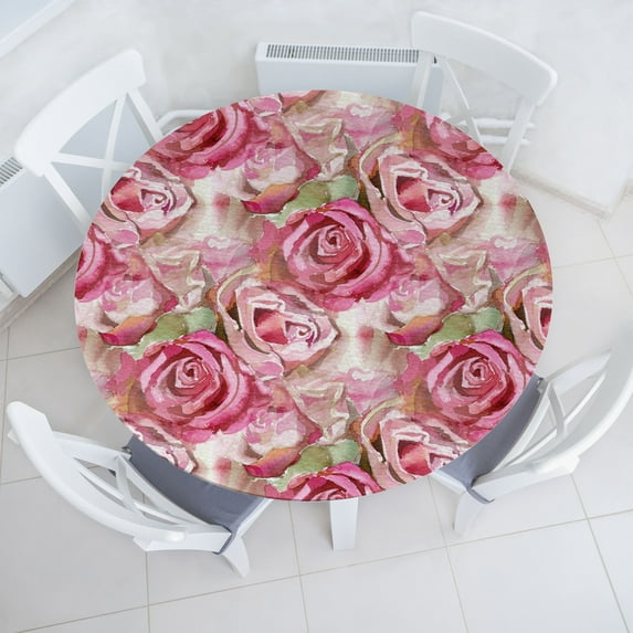 Ambesonne Watercolor Floral Fitted Round Tablecloth, Greenery Leaves, 45"- 56" Diameter, Rose Pistachio Green