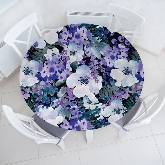 Ambesonne Watercolor Floral Fitted Round Tablecloth, Spring Wildflower, 56"- 60" Diameter, Violet Grey Teal Indigo