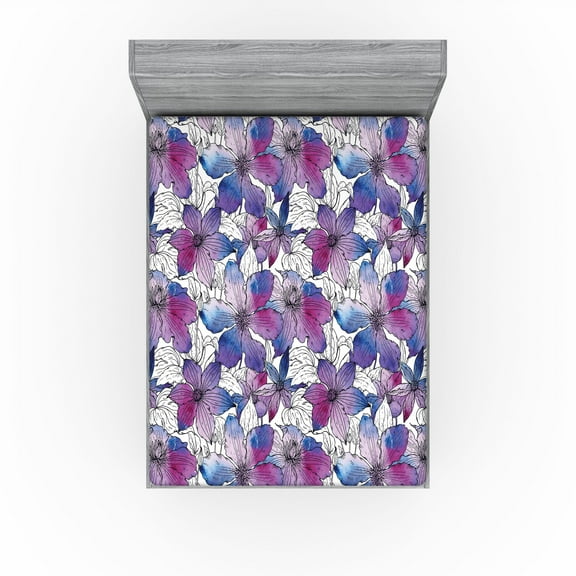 Ambesonne Watercolor Floral Fitted Sheet, Clematis Flowers, California King, Blue Magenta Violet
