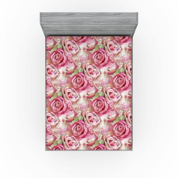 Ambesonne Watercolor Floral Fitted Sheet, Greenery Leaves, Full Size, Rose Pistachio Green