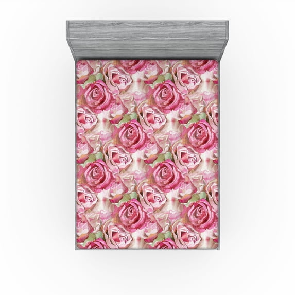 Ambesonne Watercolor Floral Fitted Sheet, Greenery Leaves, King Size, Rose Pistachio Green