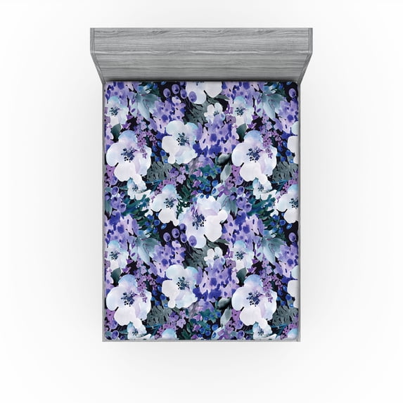 Ambesonne Watercolor Floral Fitted Sheet, Spring Wildflower, California King, Violet Grey Teal Indigo