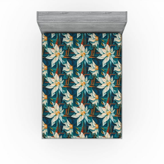 Ambesonne Watercolor Floral Fitted Sheet, Surreal Garden, Full Size, Dark Teal Burnt Orange