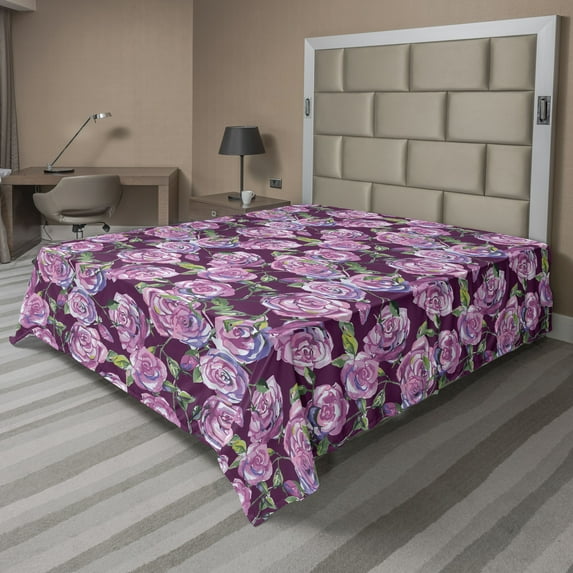 Ambesonne Watercolor Floral Flat Bedding Sheet Soft Top Sheet, Spring Rose Bloom, King, Lilac Fern Green Purple