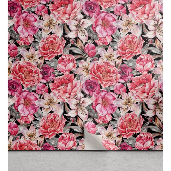 Ambesonne Watercolor Floral Peel & Stick Wallpaper for Home, Mural Rose Lily, 13"x36", Coral Pink Dimgray