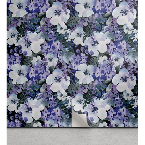Ambesonne Watercolor Floral Peel & Stick Wallpaper for Home, Spring Wildflower, 13"x72", Violet Grey Teal Indigo