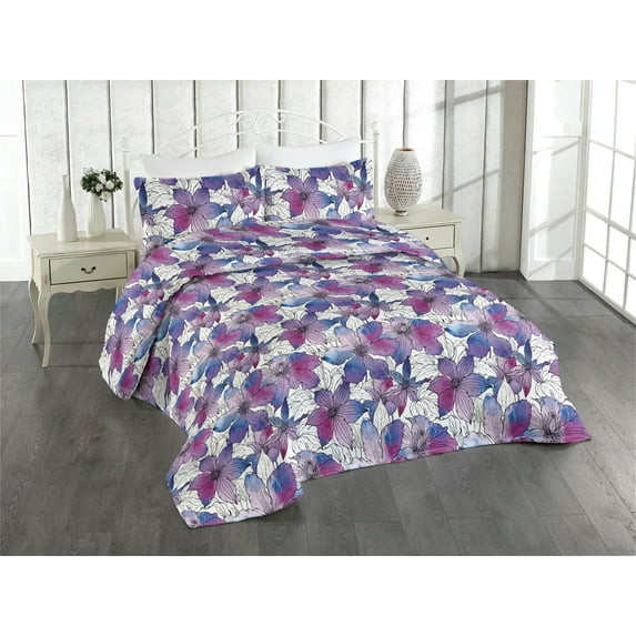 Ambesonne Watercolor Floral Quilted Bedspread Set 3 Pcs, Clematis Flowers, Queen, Blue Magenta Violet