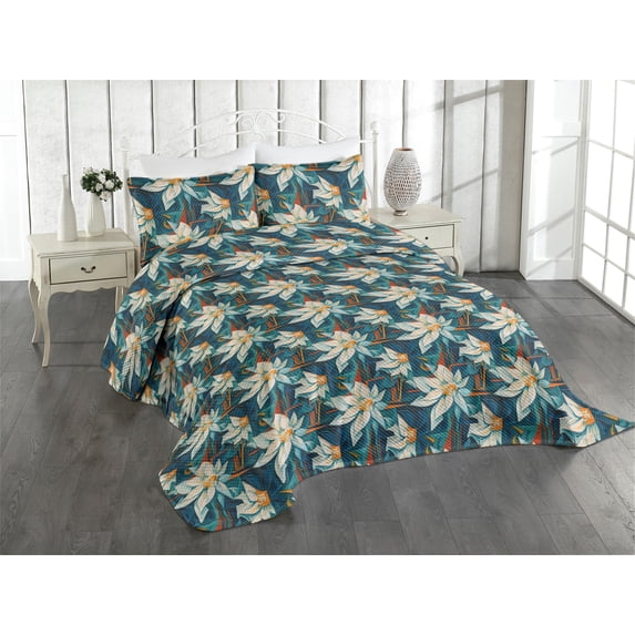Ambesonne Watercolor Floral Quilted Coverlet 3 Pcs, Surreal Garden, King Size, Dark Teal Burnt Orange
