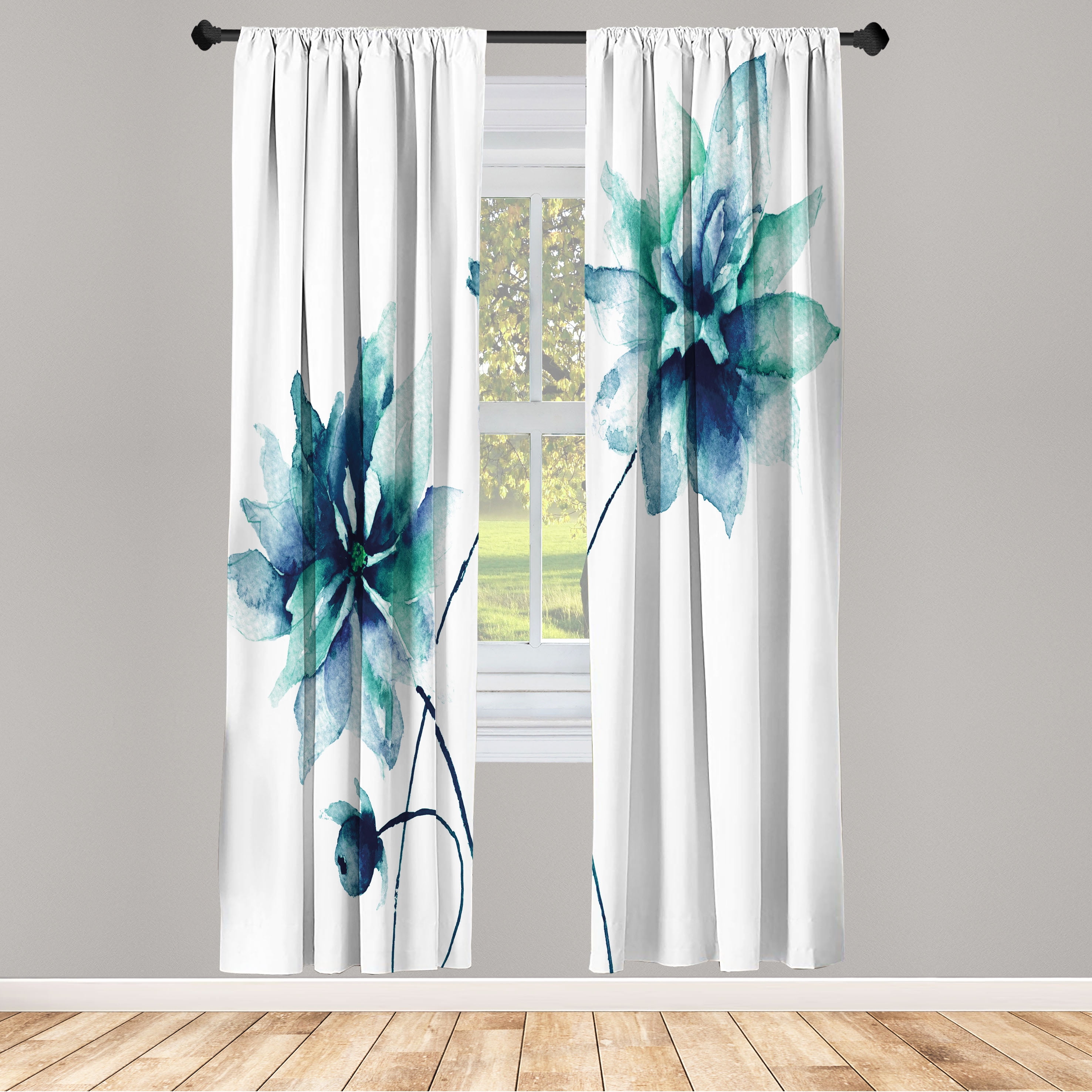 Blue Floral Sheer Rod Pocket Curtain Panels, 28" x 84"