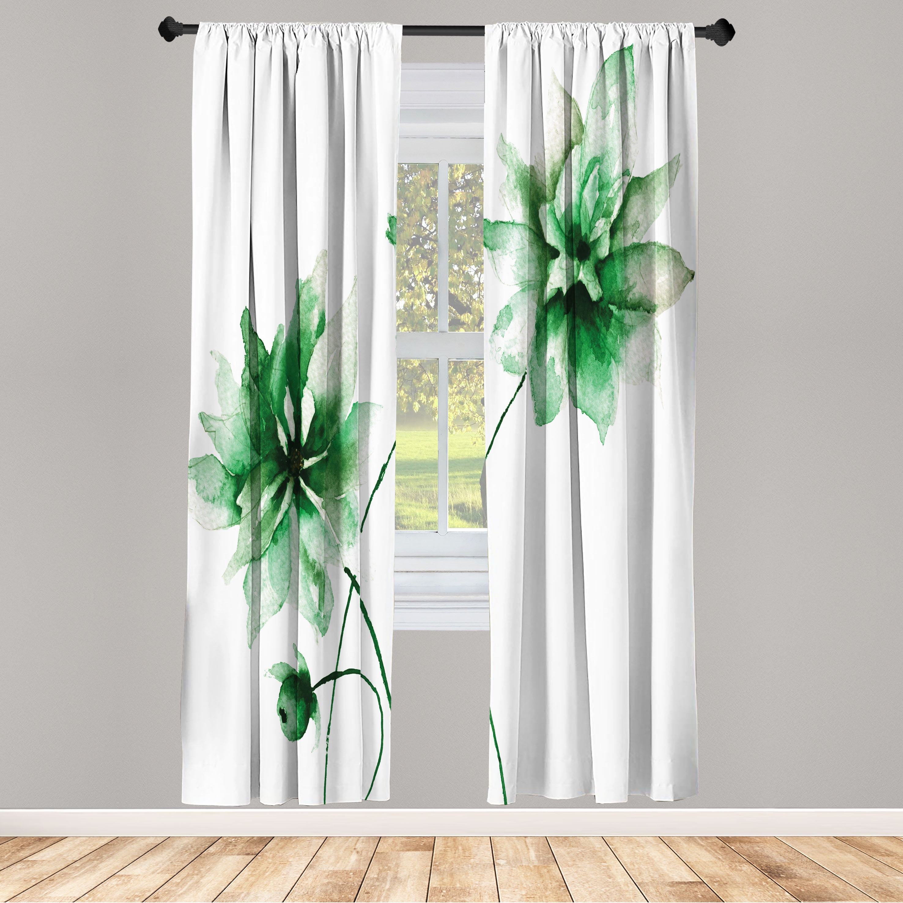 Dark Green Floral Microfiber Semi-Sheer Curtain Panels, Set of 2