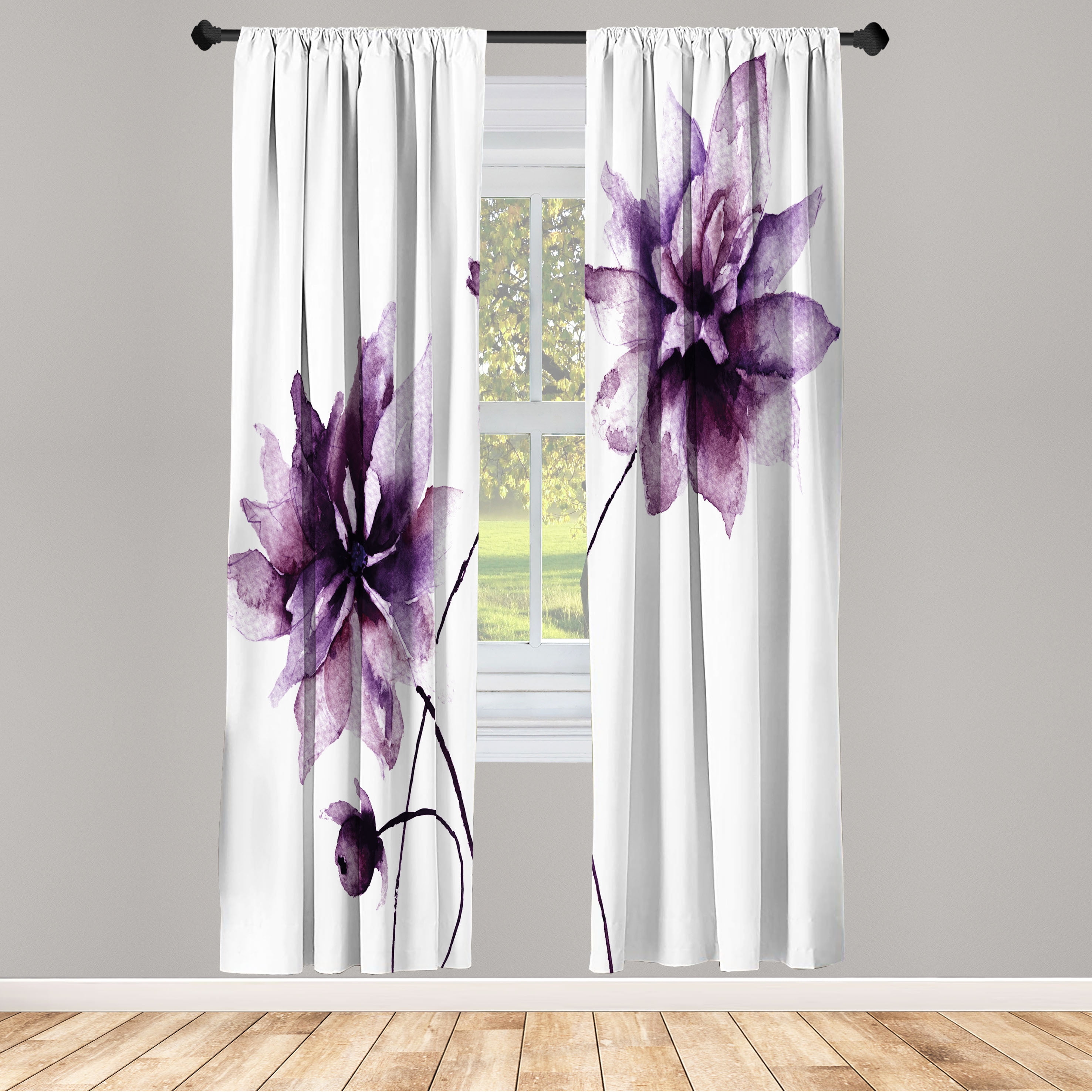 Purple Floral Light-Filtering Microfiber Curtain Panels, 28" x 63" (Set of 2)