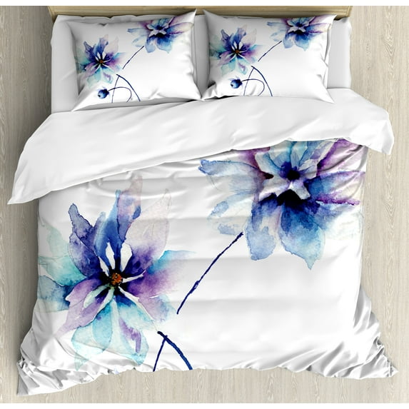 Ambesonne Watercolor Flower Duvet Cover Set, Flora Drawing Soft Spring, California King, White Purple