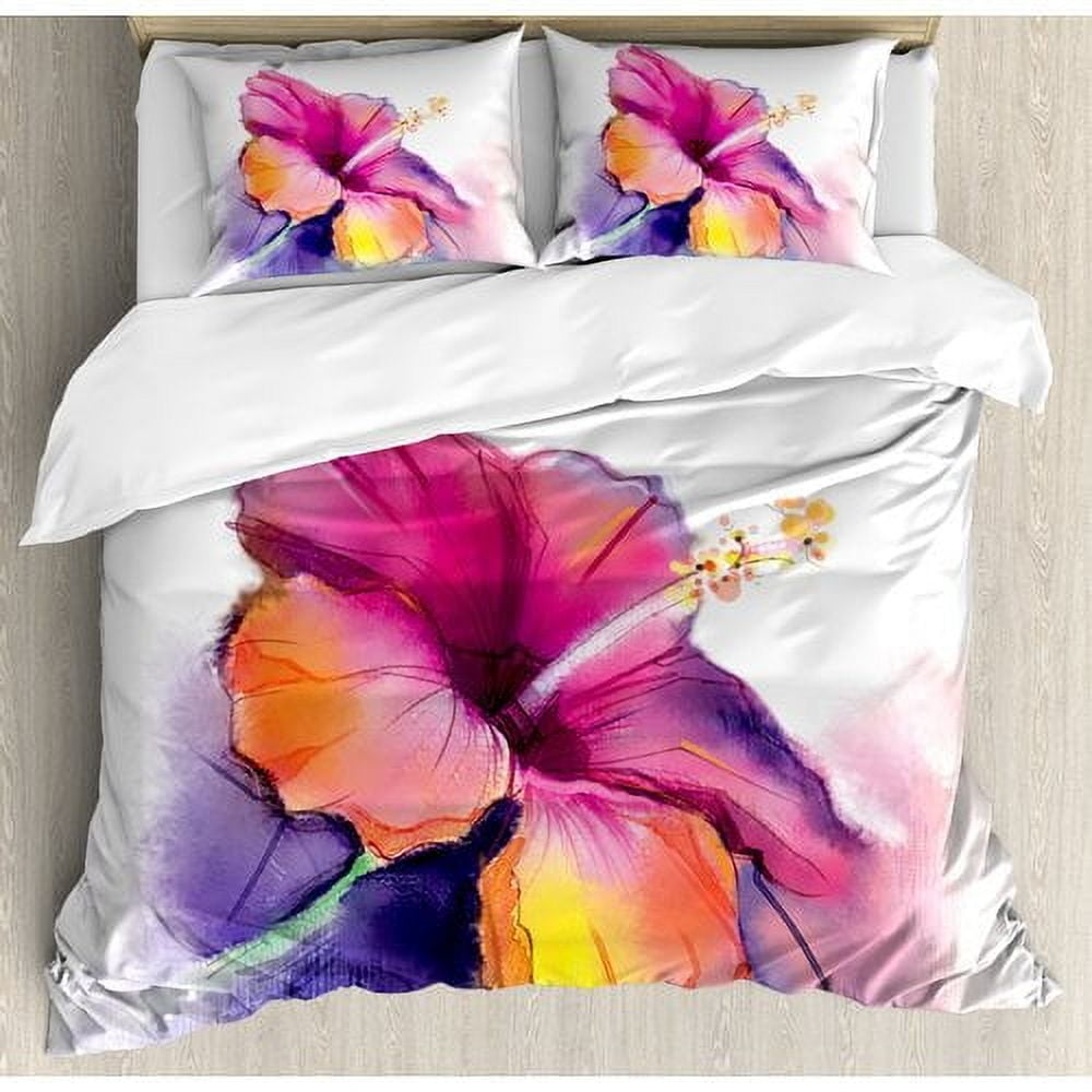 Queen Pink and Orange Watercolor Flower Duvet Cover Set