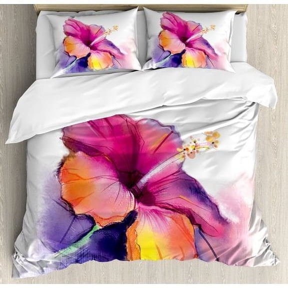 Ambesonne Watercolor Flower Home Hibiscus Flower in Pastel Abstract Romantic Petal Pattern Duvet Cover Set