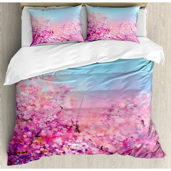 Ambesonne Watercolor Flower Home Sakura Blossom Floral Beauty with Sky Japanese Cherry Spring Theme Duvet Cover Set