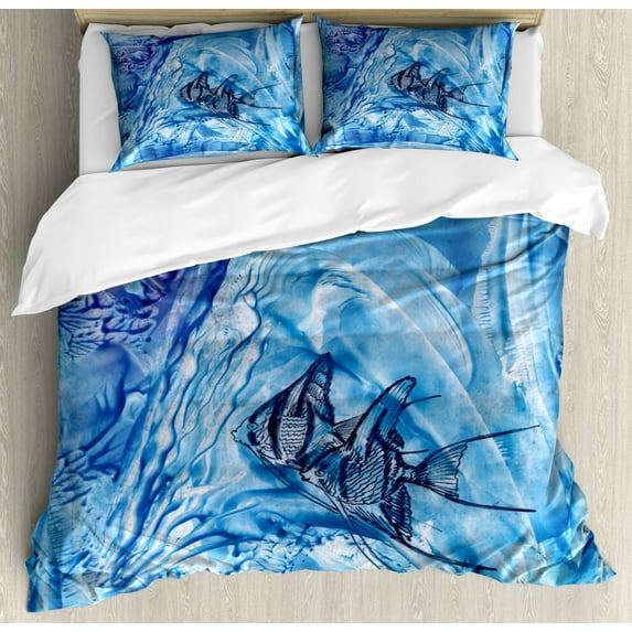 Ambesonne Watercolor Flower House Small Fish in Creepy Snow Cover Ice Crystal Labyrinth Aquatic Theme Duvet Cover Set