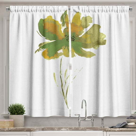 Ambesonne Watercolor Flower Kitchen Curtains, Poppy Flower Art, 55"x24", Olive Green