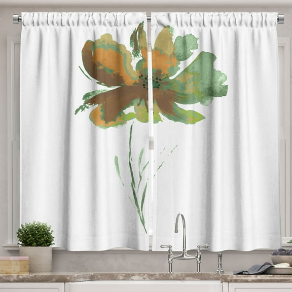 Ambesonne Watercolor Flower Kitchen Curtains, Poppy Flower Art, 55"x45", Green Brown