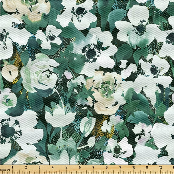 Ambesonne Watercolor Flowers Fabric by the Yard Upholstery, Watercolor Roses, 1 Yard, Hunter Green and Beige
