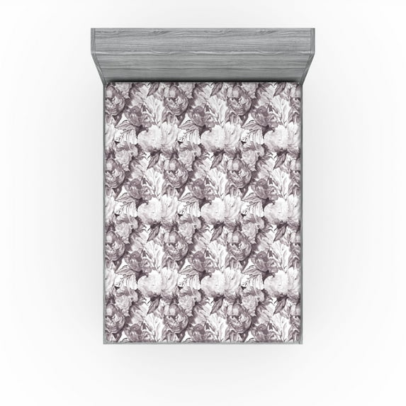 Ambesonne Watercolor Flowers Fitted Sheet, Peony Rose Print, California King, Purpleblue Off White