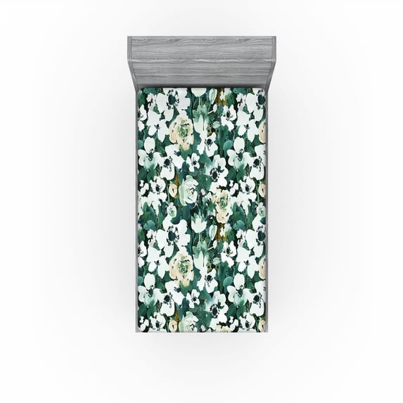 Ambesonne Watercolor Flowers Fitted Sheet, Watercolor Roses, Twin Size, Hunter Green and Beige