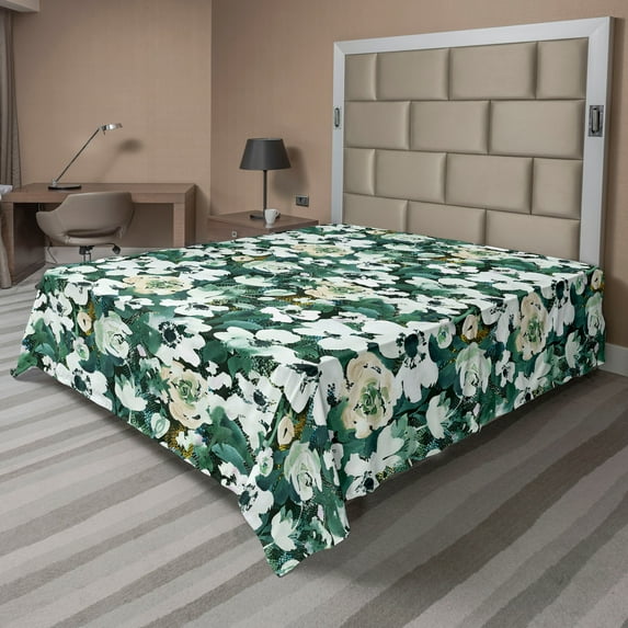 Ambesonne Watercolor Flowers Flat Bedding Sheet Soft Top Sheet, Watercolor Roses, California King, Hunter Green and Beige