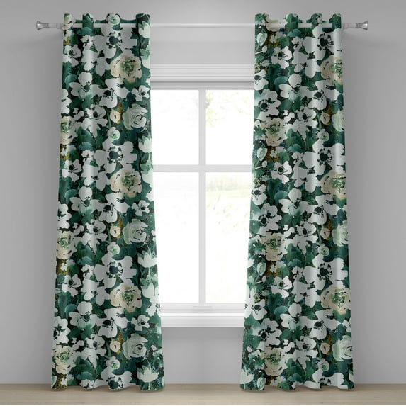 Ambesonne Watercolor Flowers Grommet Curtain, Watercolor Roses, 50"x108", Hunter Green and Beige