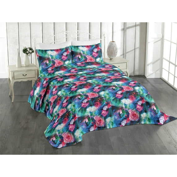 Ambesonne Watercolor Flowers Quilted Coverlet 3 Pcs, Dreamy Floral, King Size, Dark Coral Shamrock Green