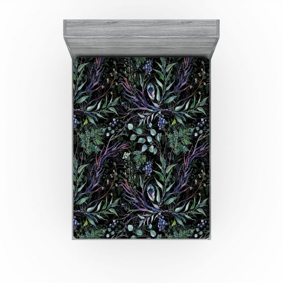 Ambesonne Watercolor Forest Fitted Sheet, Leaves of Jungle, Full Size, Lavender and Jade Green