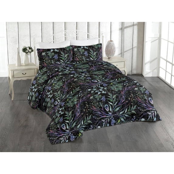 Ambesonne Watercolor Forest Quilted Bedspread Set 3 Pcs, Leaves of Jungle, King, Lavender and Jade Green