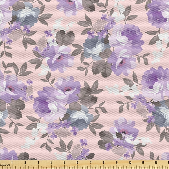 Ambesonne Watercolor Garden Scene Fabric by the Yard Upholstery, Art Flowers, 2 Yards, Blush Lavender