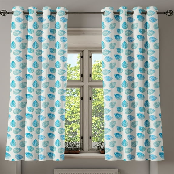 Ambesonne Watercolor Grommet Curtain, Fallen Blue Leaves, 50" x 63", Aqua White