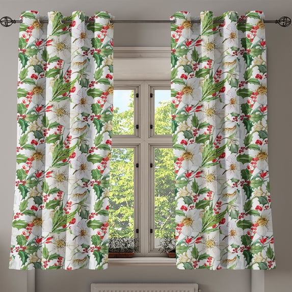Ambesonne Watercolor Grommet Curtain, Poinsettia Pattern, 50" x 54", Vermilion Yellow Green
