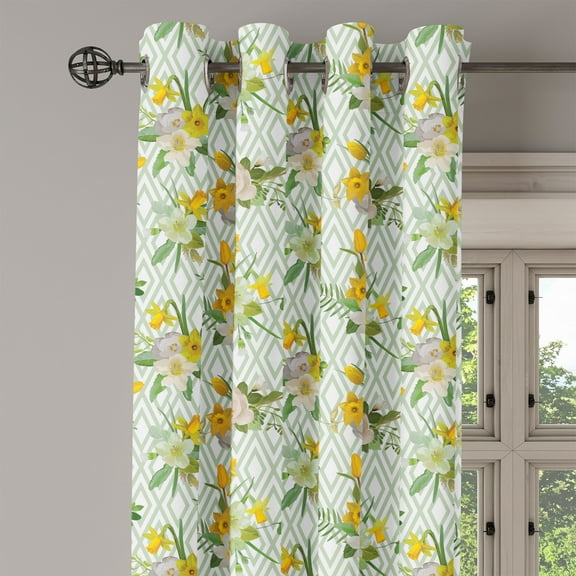 Ambesonne Watercolor Grommet Curtain Single Panel, Blooming Floral Nature, 50"x60", Pale Green Yellow White