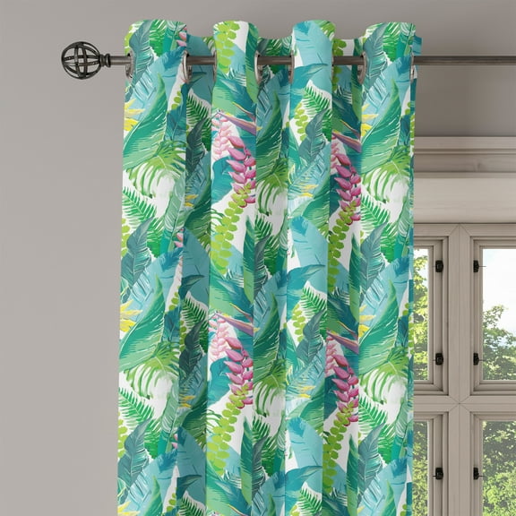 Ambesonne Watercolor Grommet Curtain Single Panel, Exotic Jungle Hawaii, 50"x60", Green Pink White
