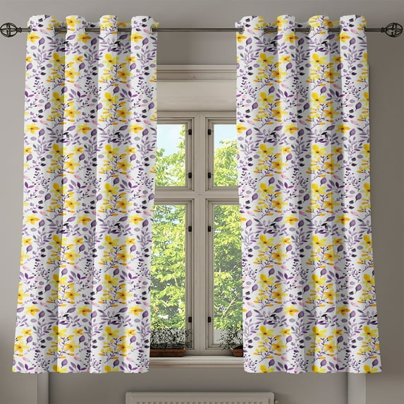 Ambesonne Watercolor Grommet Curtain, Yellow Wildflowers, 50" x 54", Yellow Purple White