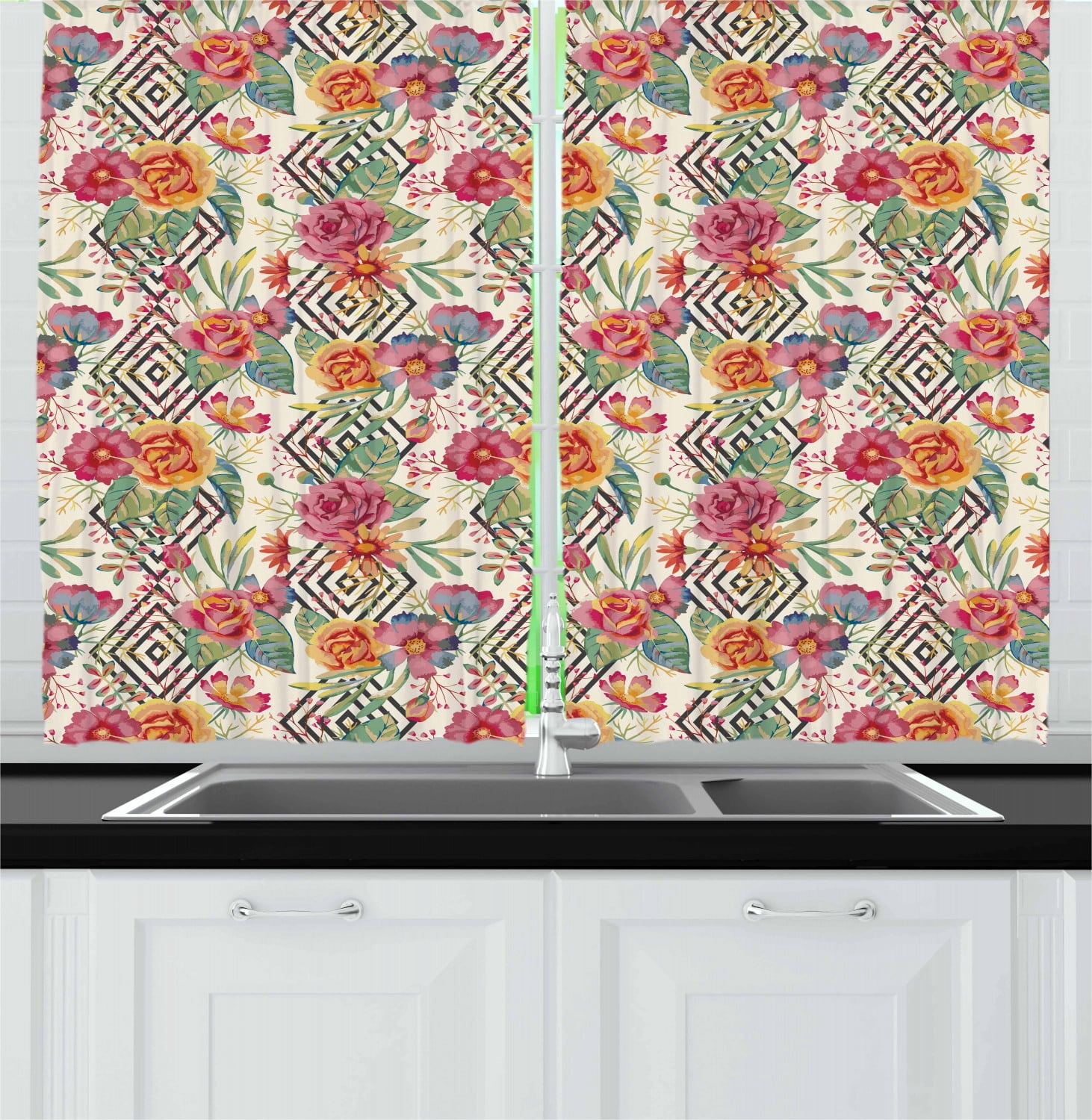 Rectangular Curtains Ambesonne Watercolor Kitchen Curtains, Diamond Shaped Rectangle, 55