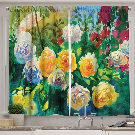 Ambesonne Watercolor Kitchen Curtains, English Garden Roses Art, 55"x36", Multicolor
