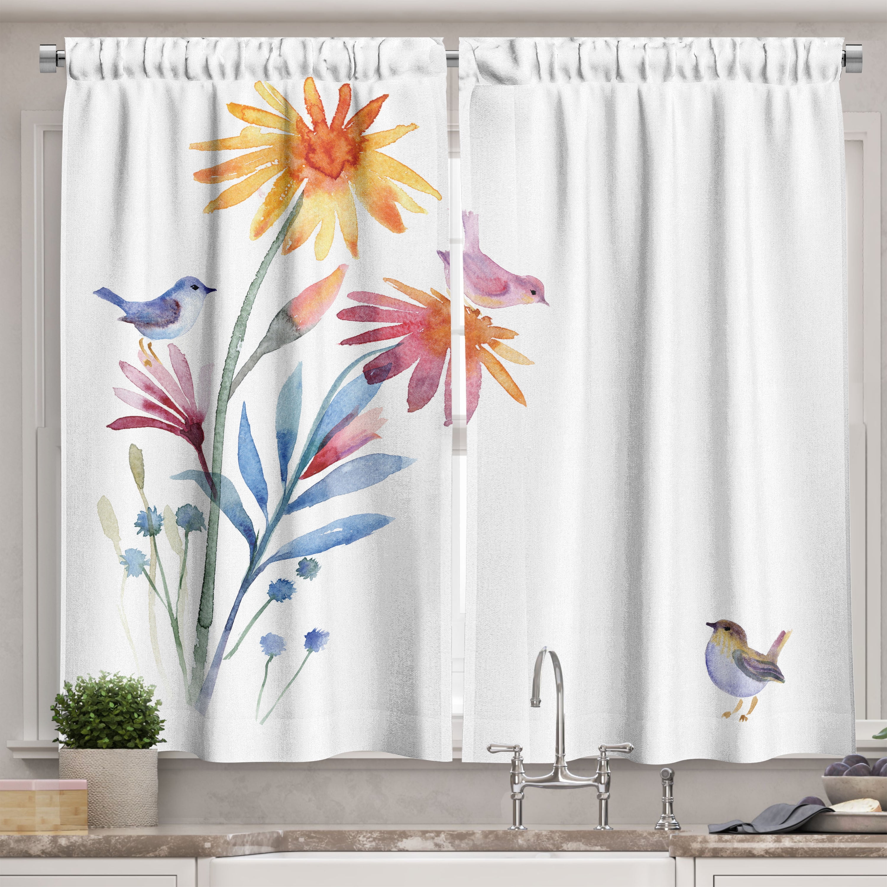 Gray Floral Watercolor Polyester Kitchen Tier Curtains