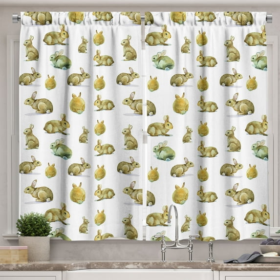 Ambesonne Watercolor Kitchen Curtains, Furry Rabbits, 55"x39", Pale Brown Pale Yellow