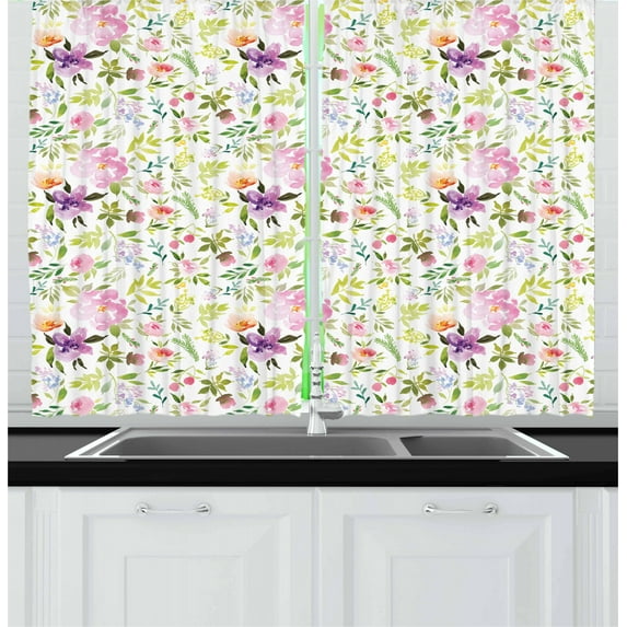 Ambesonne Watercolor Kitchen Curtains, Gentle Spring Floral, 55"x39", Multicolor