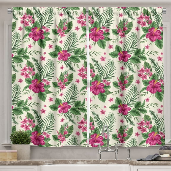Ambesonne Watercolor Kitchen Curtains, Plumeria Hibiscus, 55"x39", Magenta Cream Green
