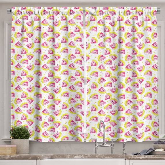 Ambesonne Watercolor Kitchen Curtains, Ripe Watermelon Slices, 55"x45", Pink Yellow Green
