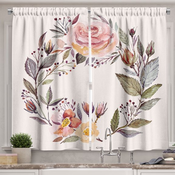 Ambesonne Watercolor Kitchen Curtains, Romantic Botanic Wreath, 55"x30", Pearl and Multicolor