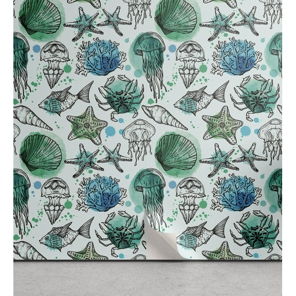 Ambesonne Watercolor Peel & Stick Wallpaper for Home, Seaweed Underwater Fauna, 13"x36", Seafoam Deep Sky Blue