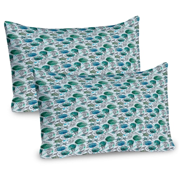 Ambesonne Watercolor Pillow Sham 2 Pack, Seaweed Underwater Fauna, 36"x20", Seafoam Deep Sky Blue