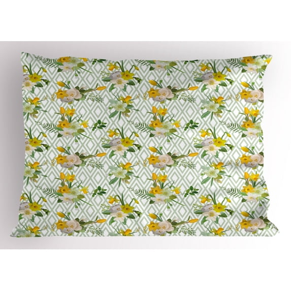 Ambesonne Watercolor Pillow Sham, Blooming Floral Nature, 36" X 20", Pale Green Yellow White