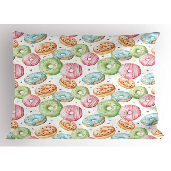 Ambesonne Watercolor Pillow Sham, Delicious Donuts, 26" X 20", Multicolor