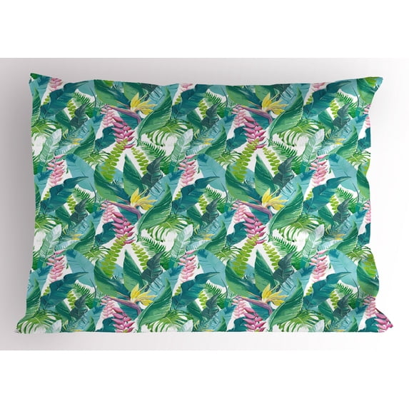 Ambesonne Watercolor Pillow Sham, Exotic Jungle Hawaii, 36" X 20", Green Pink White